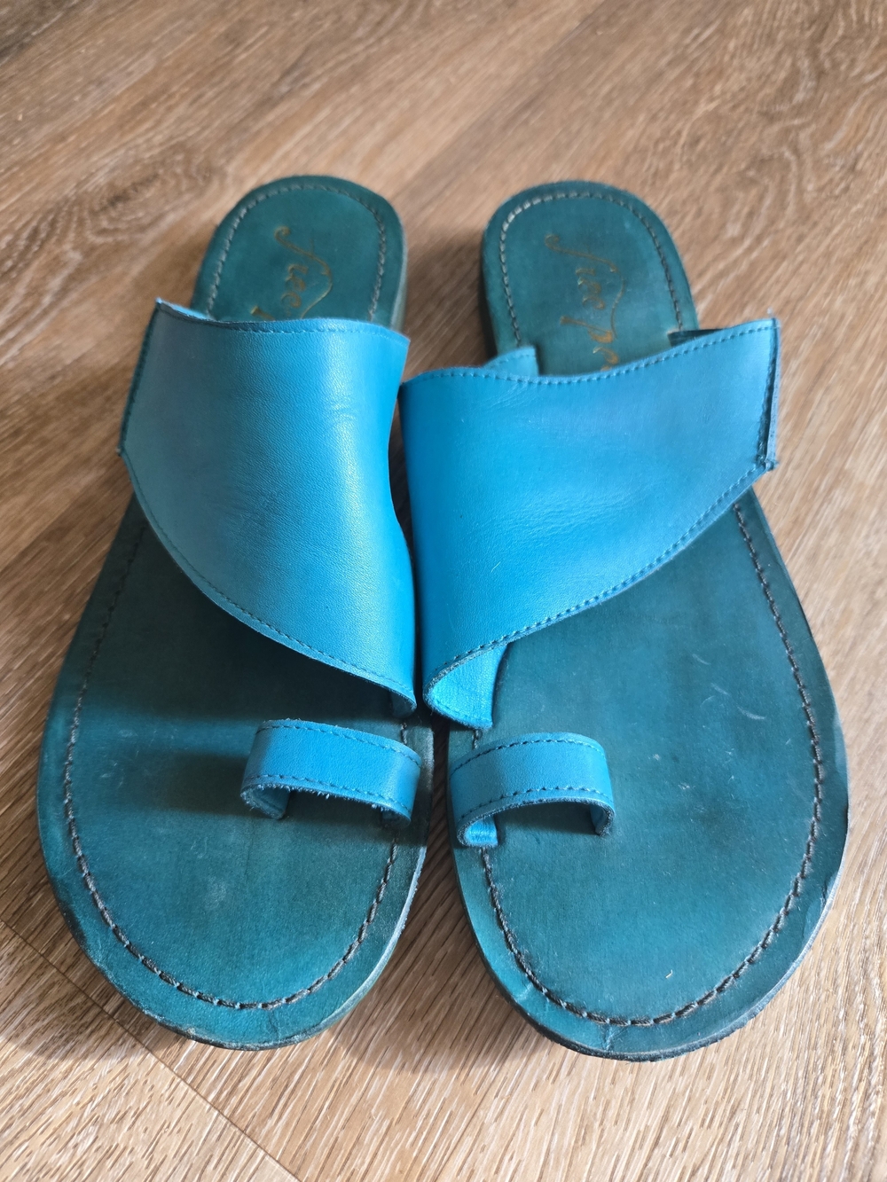 Women’s Free People Teal Leather Slide Sandals with Toe Loop